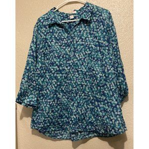 Coldwater Creek Blouse Button Down Blue Polka Dot 3/4” Sleeve No Iron 2X  20/22